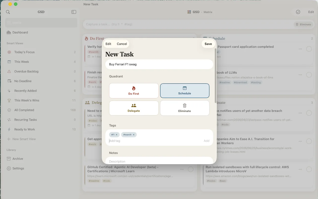 GSD on iPad showing a New Task dialog with quadrant choices over the task board.