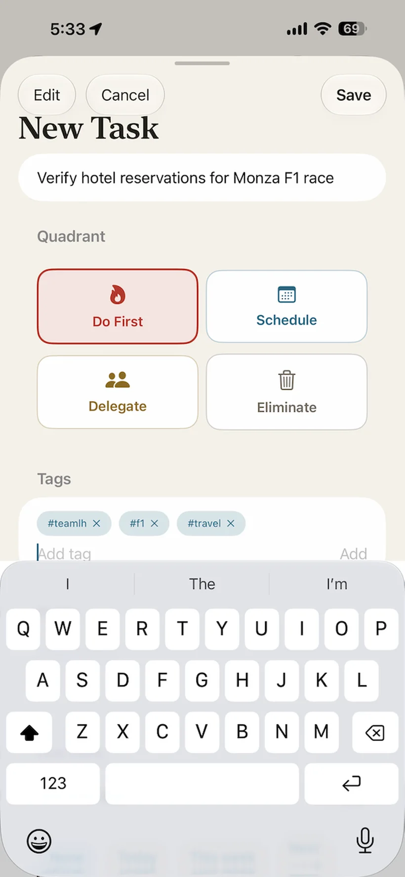 GSD on iPhone showing the New Task form with quadrant choices, tags, and the keyboard open.